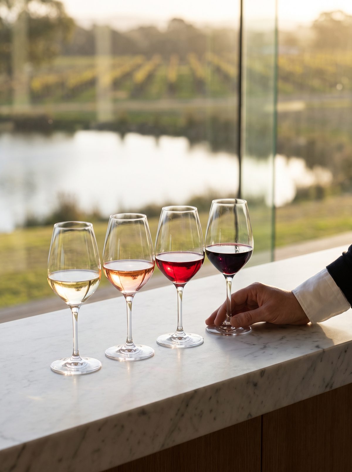Four glasses of a sommelier-led tasting flight on a marble counter beside a glass wall facing the estate pond