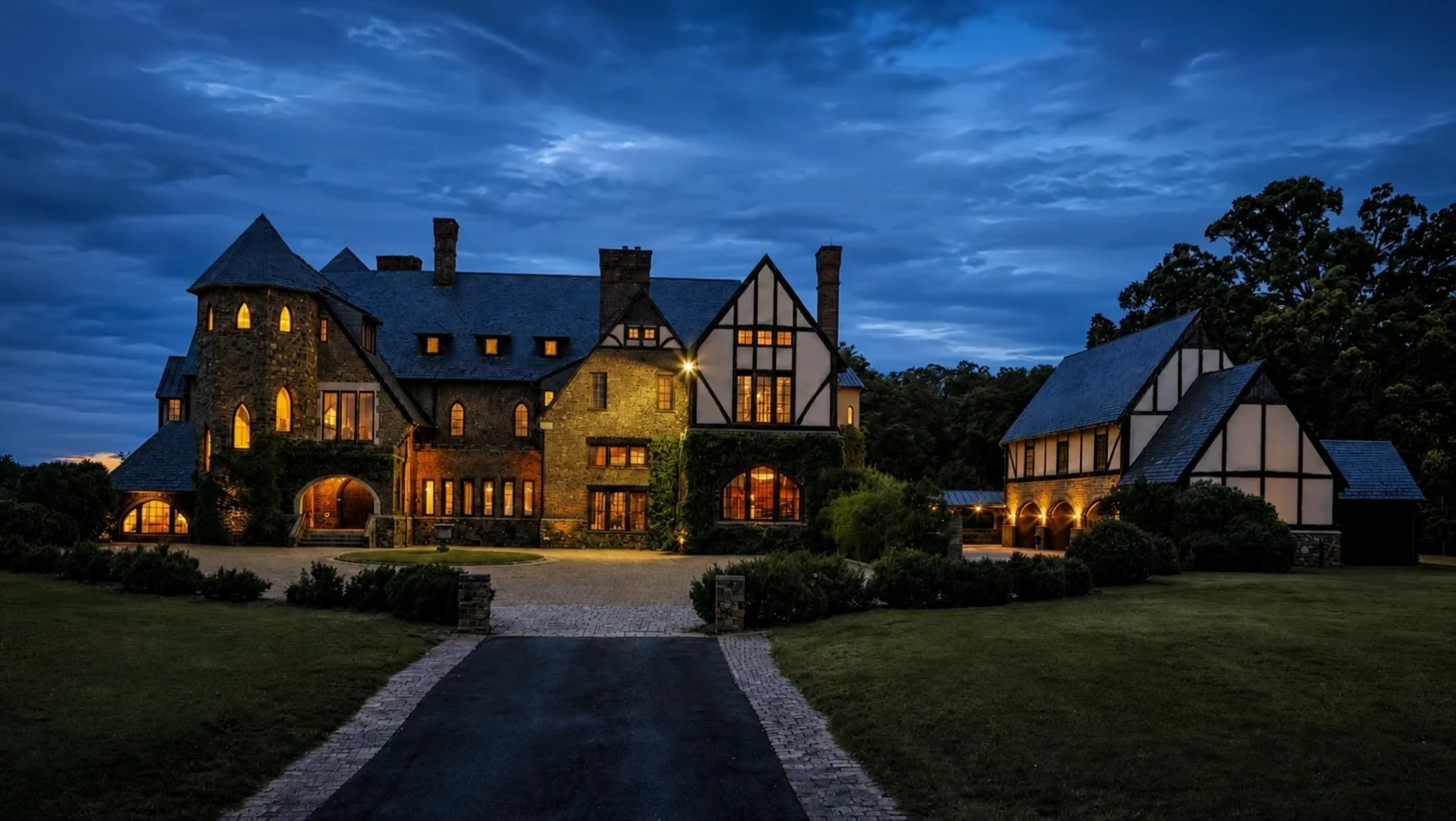 A cinematic interpretation of clouds above Dover Hall at dusk