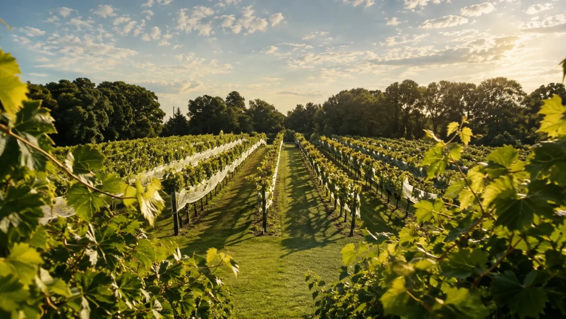 A cinematic interpretation of sunlight across the Dover Hall vineyard, framed by grape leaves.
