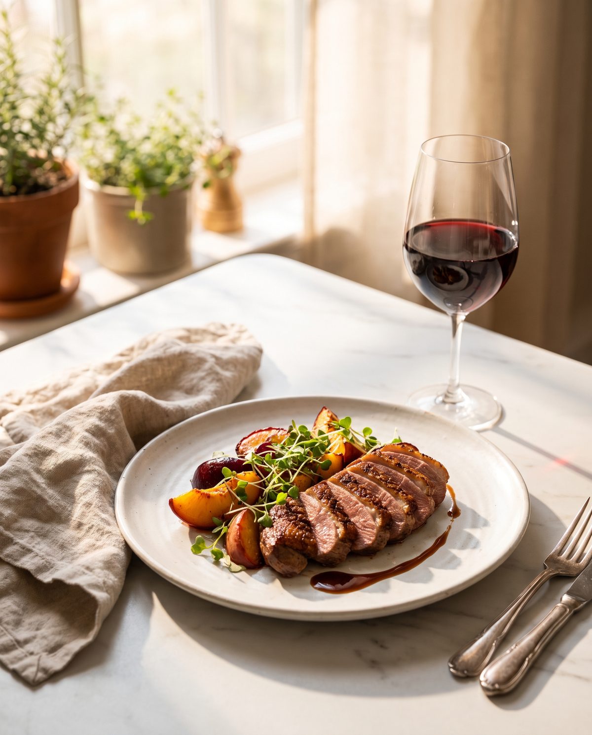 A plated dish of seared duck with roasted stone fruit beside a glass of red wine